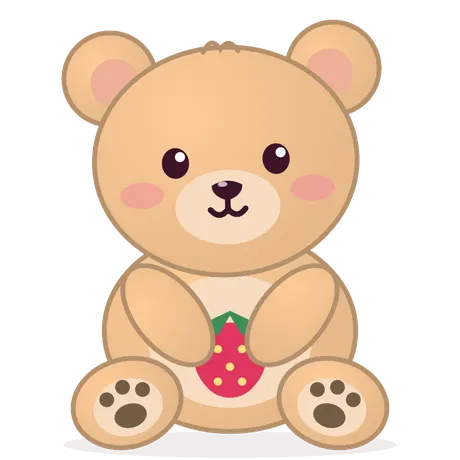 A plump teddy bear hugging a big strawberry