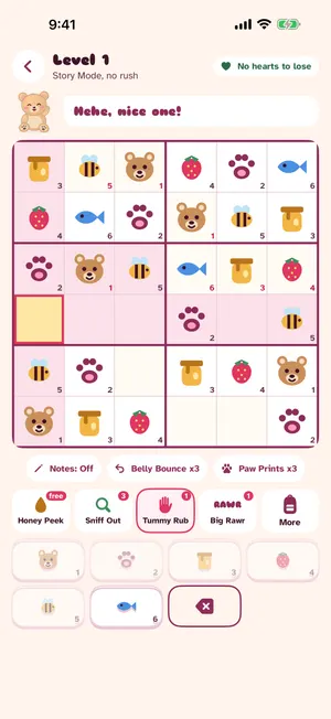 A rawrDoku Story Mode puzzle with bear faces, paws and honey jars on a six by six board